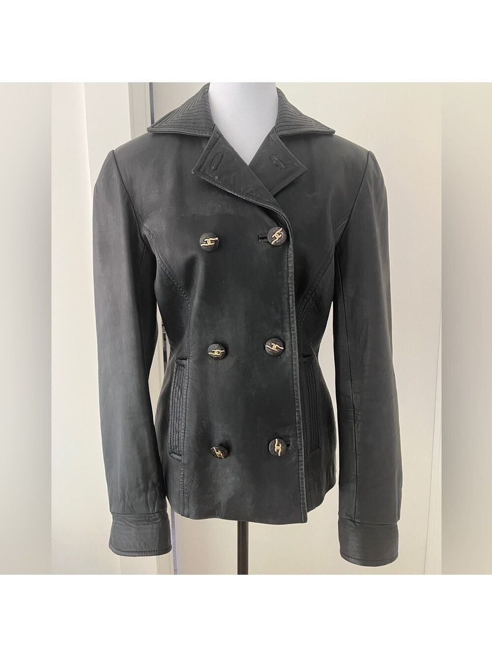 VINTAGE Mab Studio Black Leather Double Breasted Hip Length Jacket 80's Edgy